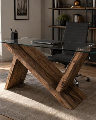 Scrivania design legno antico e cristallo