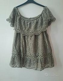 Top pizzo sangallo verde militare scollo barca M L