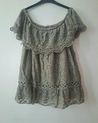 Top pizzo sangallo verde militare scollo barca M L