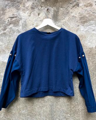 Maglia crop Zara Woman in cotone blu con perle