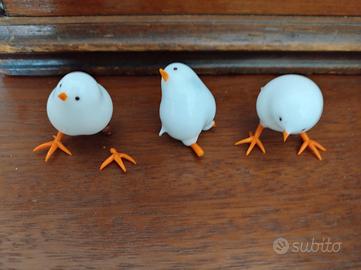 3 Uccellini Vintage In Vetro Soffiato imperfetti 