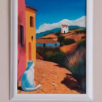 Dipinto originale fatto a mano olio tavola gatto