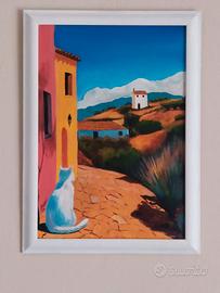 Dipinto originale fatto a mano olio tavola gatto