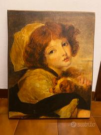 Quadro Vintage Bambina con Cane su Tavola Legno