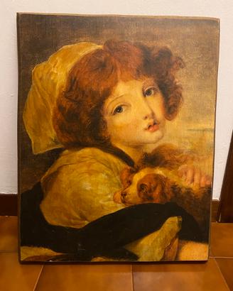 Quadro Vintage Bambina con Cane su Tavola Legno