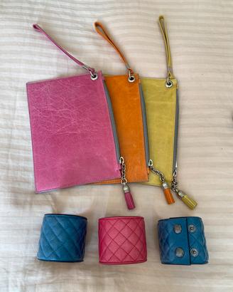 3 pochette e 3 bracciali in pelle