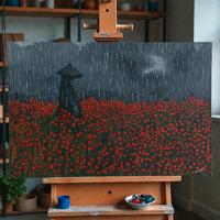 Samurai in un campo di papaveri. Dipinto a mano