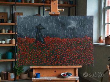 Samurai in un campo di papaveri. Dipinto a mano