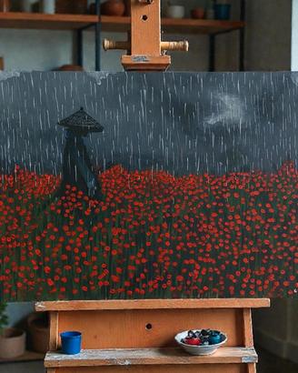 Samurai in un campo di papaveri. Dipinto a mano