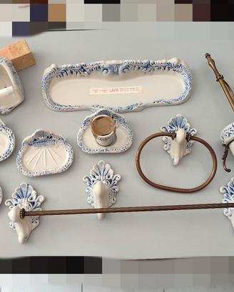 Vintage accessori bagno porcellana bianco blu