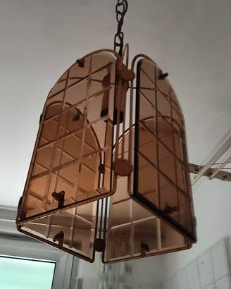 lampadario rettangolare a campana vetro e dorato