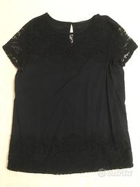 Blusa nera SISLEY in cotone con inserti in pizzo