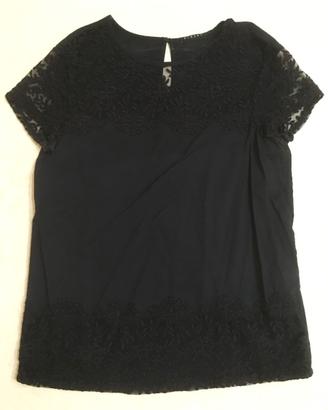 Blusa nera SISLEY in cotone con inserti in pizzo