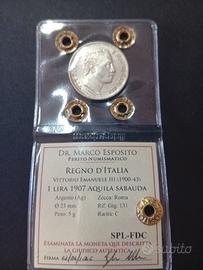 1 Lire Aquila Sabauda 1907 Sigillata e Periziata.