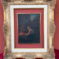 Antico olio su tela con figura al fuoco epoca1890