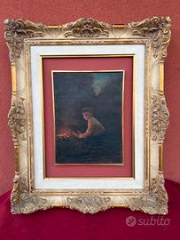 Antico olio su tela con figura al fuoco epoca1890