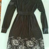 Vestito donna nero S disegno fiori ricamati grigi