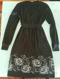 Vestito donna nero S disegno fiori ricamati grigi