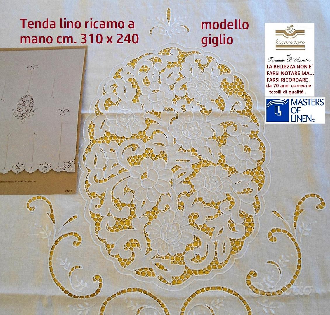 Blanco raya - Tenda in Lino Ricamata a Mano Lavorazione Intaglio: r617. - Ecru', 210 x 300 cm, Lino