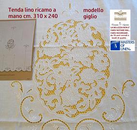 Tenda lino ricamo a mano intaglio cm. 310 x 240