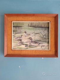 Dipinto naturalista con tre anatre anni 50/60