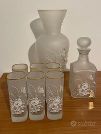 Set vaso e bottiglia in vetro dipinto a mano