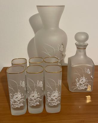Set vaso e bottiglia in vetro dipinto a mano