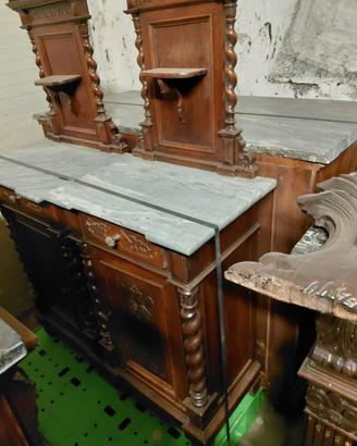 Mobile antico in legno con alzata e piani in marmo