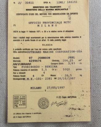 Motore     Modello: Johnson J6RL * Potenza: 5,5 CV