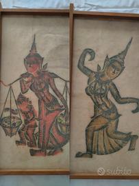 Coppia di dipinti thailandesi su carta di riso 