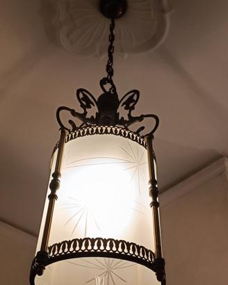 3 Lampadari vintage vetro satinato e ottone/bronzo