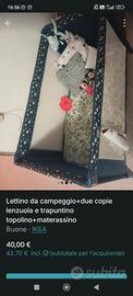 lettino da campeggio+materasso Ikea+due paia lenzi