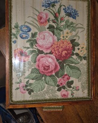 vassoio legno e vetro con inserto stoffa a fiori