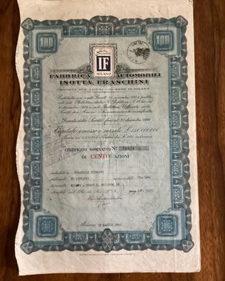 Titolo 100 azioni ISOTTA FRASCHINI- 1934- perfetto