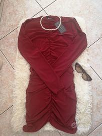 Vestitino maniche lunghe drappeggiato borgogna