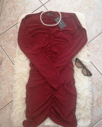 Vestitino maniche lunghe drappeggiato borgogna