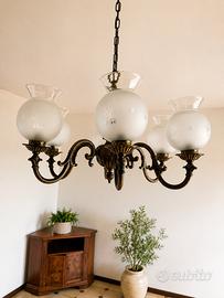 Lampadario vintage 6 luci in ottone e vetro