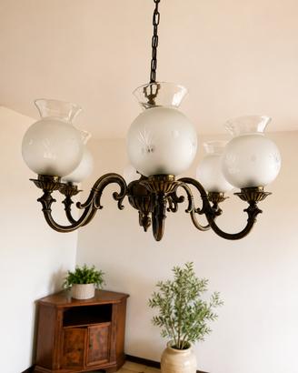 Lampadario vintage 6 luci in ottone e vetro