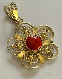 Ciondolo Fiore Filigrana Oro 18kt Corallo 7 GRAMMI