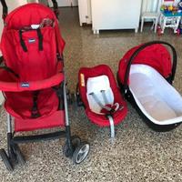 trio chicco ovetto, navicella, passeggino rosso.