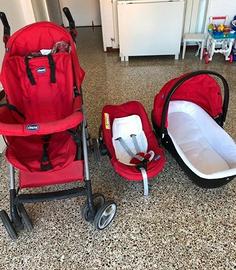 trio chicco ovetto, navicella, passeggino rosso.