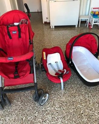 trio chicco ovetto, navicella, passeggino rosso.
