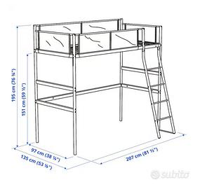 Letto a soppalco una piazza in metallo e tessuto