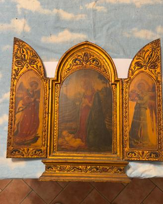 Trittico Devozionale Legno Dorato Stile Neo-Gotico