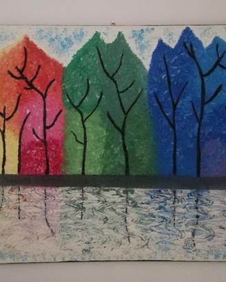 Quadro ad olio su tela disegno alberi colorati