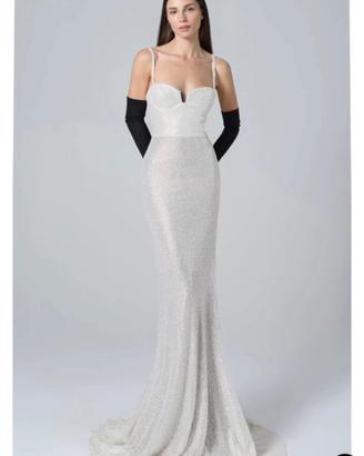 Abito lungo banco sirena nuovo paillettes tg40