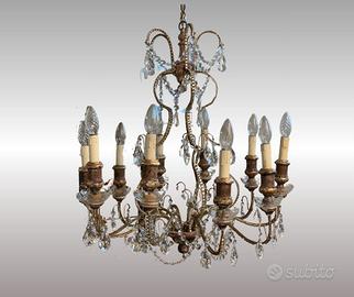 Lampadario Vintage in Metallo, Vetro e Legno