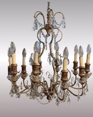 Lampadario Vintage in Metallo, Vetro e Legno