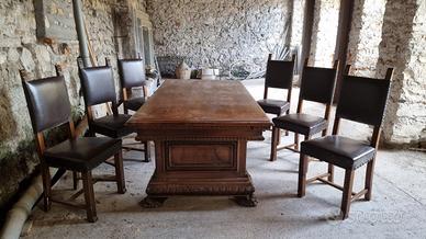 Tavolo rettangolare in legno di noce con 6 sedie e
