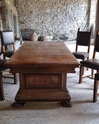 Tavolo rettangolare in legno di noce con 6 sedie e